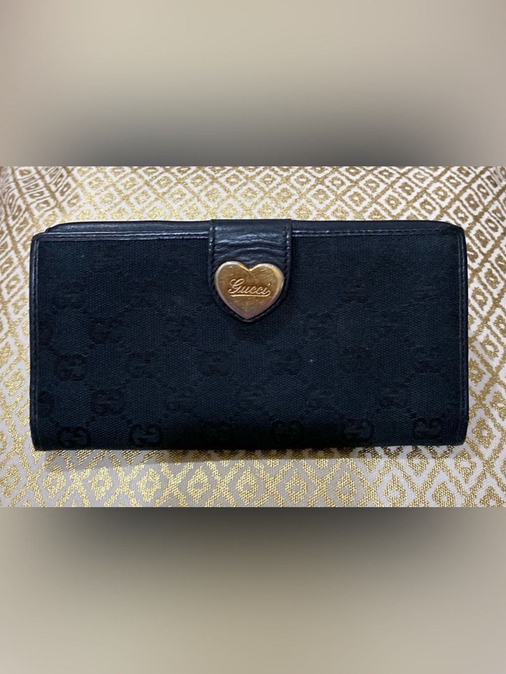 Vintage Gucci Navy Monogram Wallet with Gold Heart